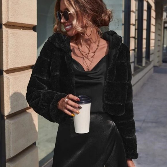 Faux Fur Hoodie Open Front coat Jacket Black - Picture 5 of 8